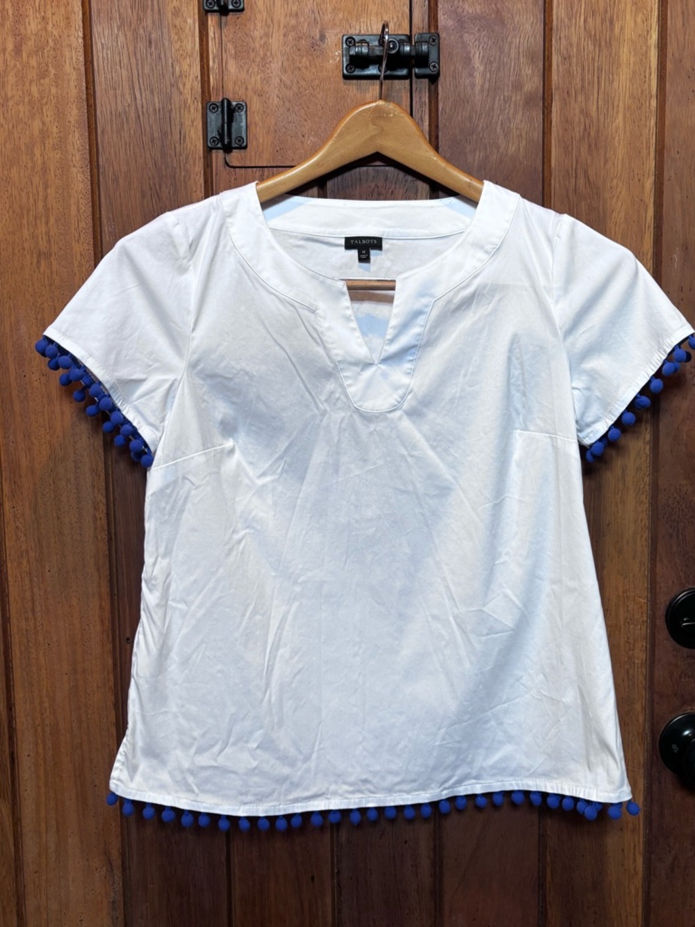 Talbots White Short Sleeve Top with Blue Pom-Pom Trim